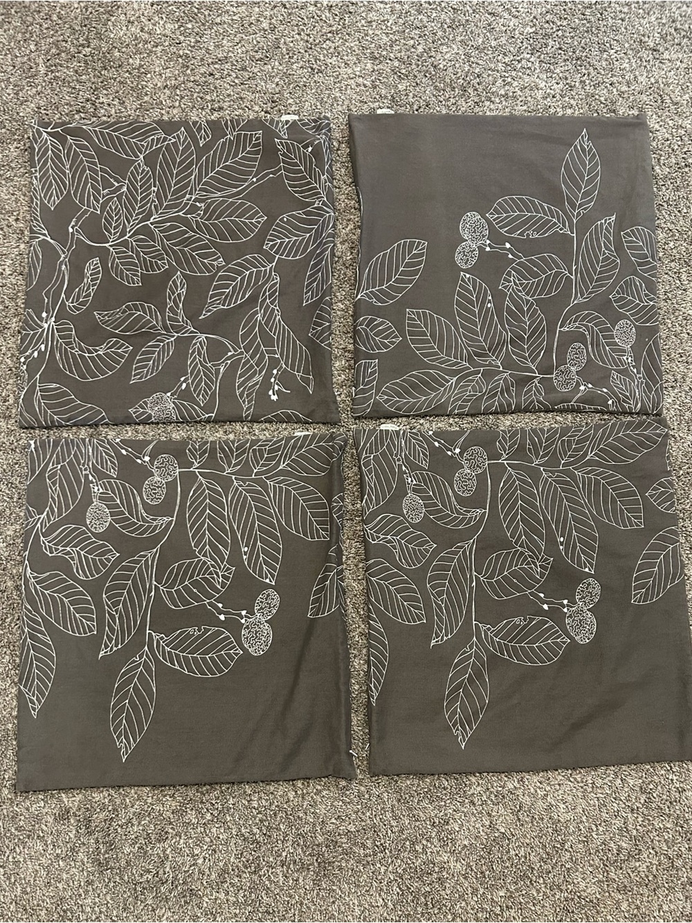 Set of 4 Gray Decorative Pillow Covers with White Leaf Print
